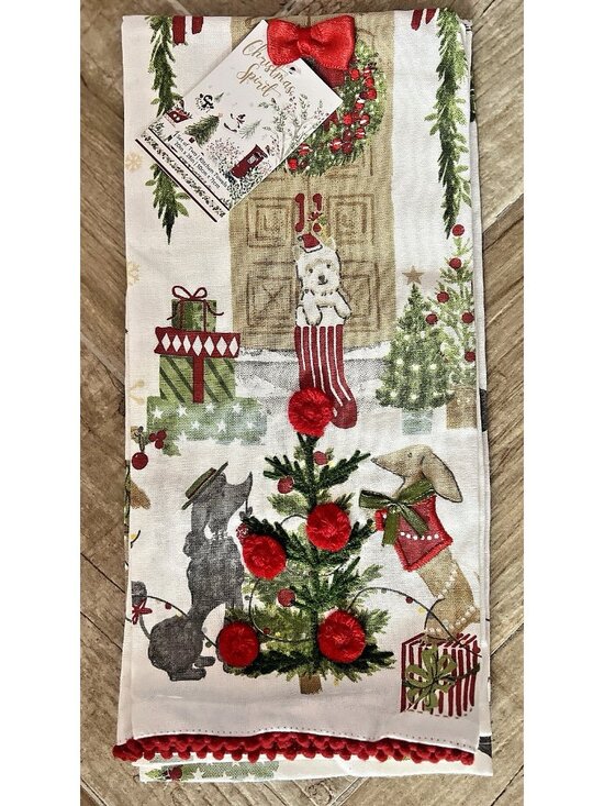 CHRISTMAS PUPPY DOG Kitchen Towel Set of 2 Embroidered BEADED Detailed 20" x 28 - Picture 1 of 12